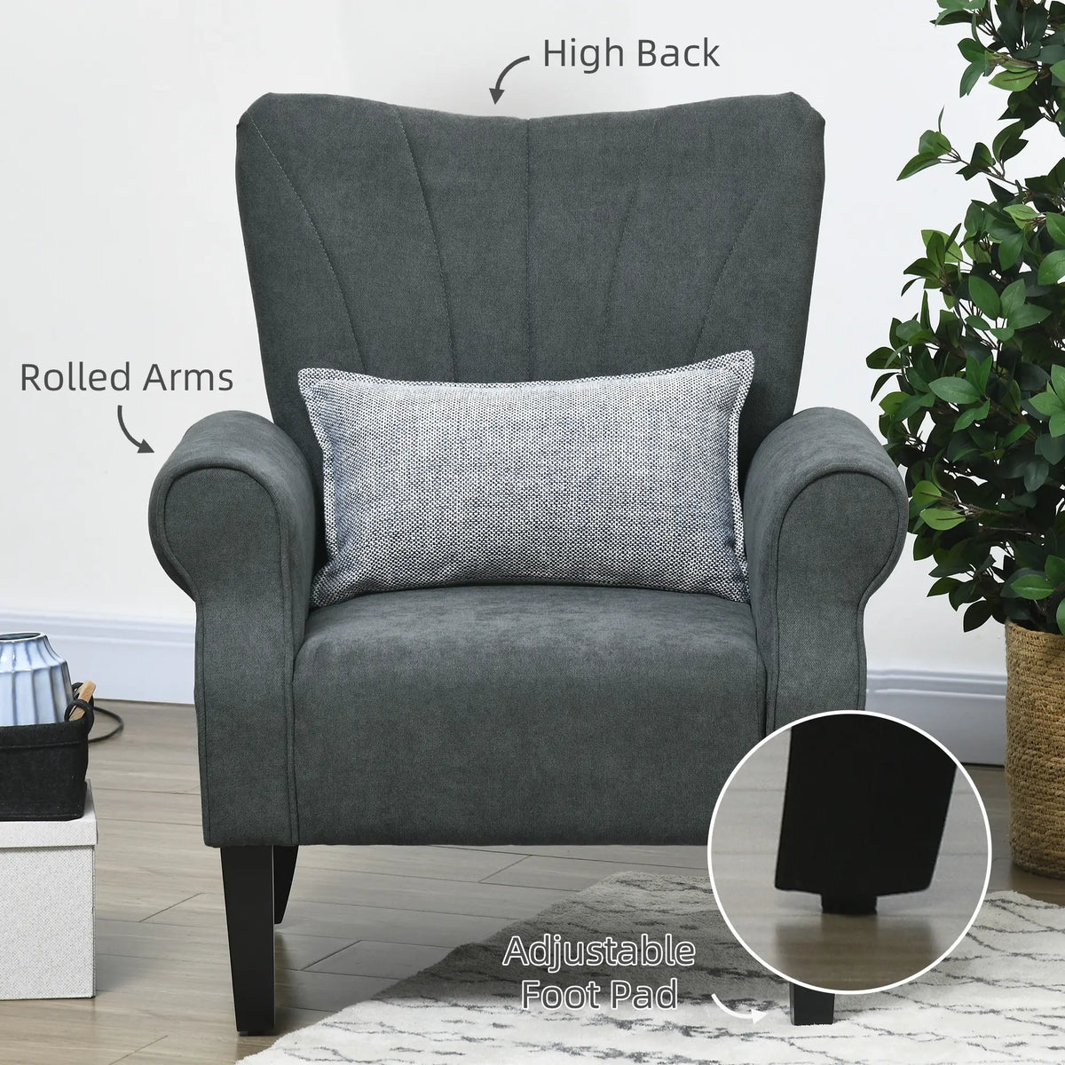Modern Fabric Armchair, Wood Legs, Living Room, Bedroom, Dark Grey Accent Chairs at Gallery Canada