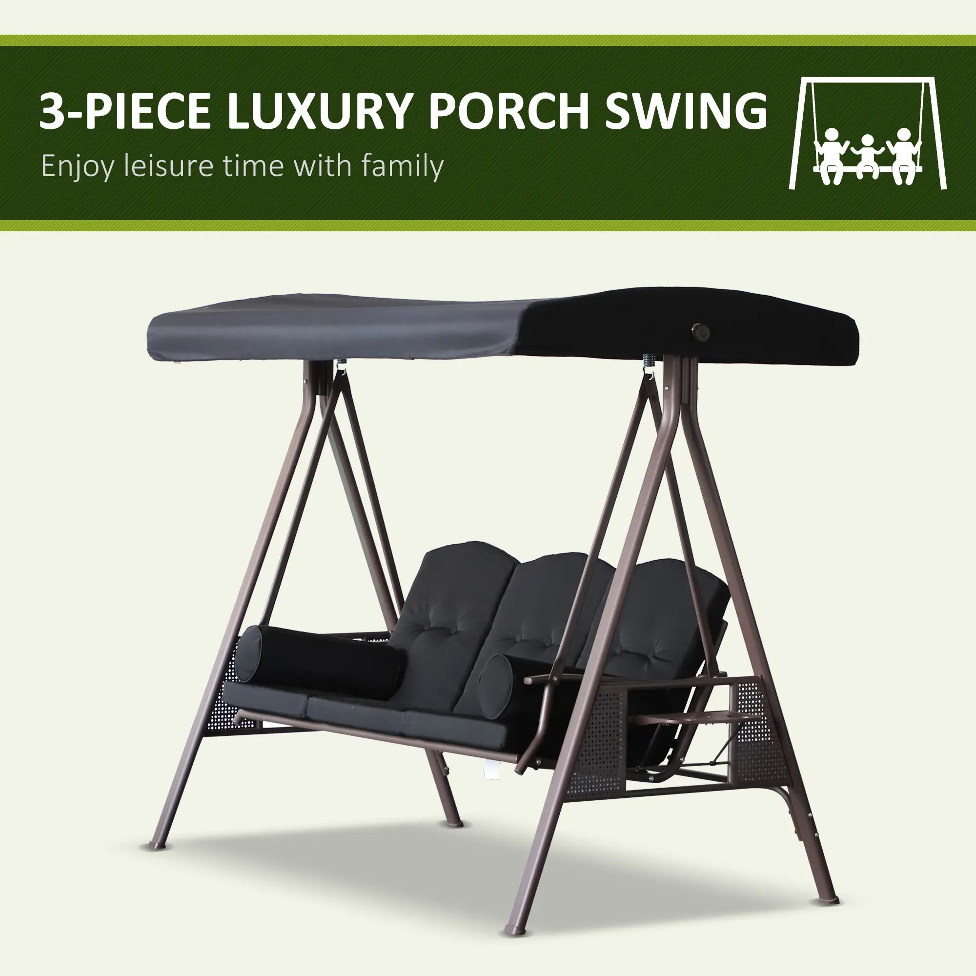Outdoor Patio 3-Person Steel Canopy Swing Bench, Black Patio Swings with Stand at Gallery Canada