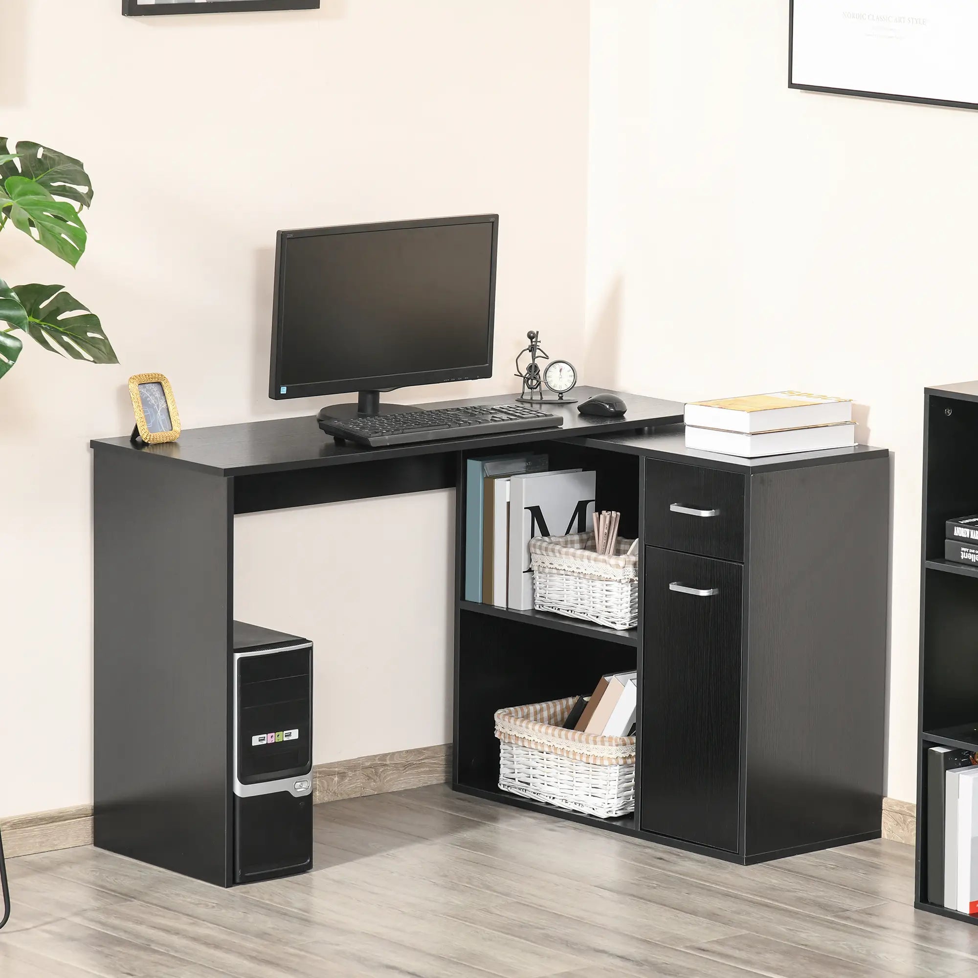 180° Rotating Corner Desk, Storage Shelf Cabinet, Black Writing Desks at Gallery Canada