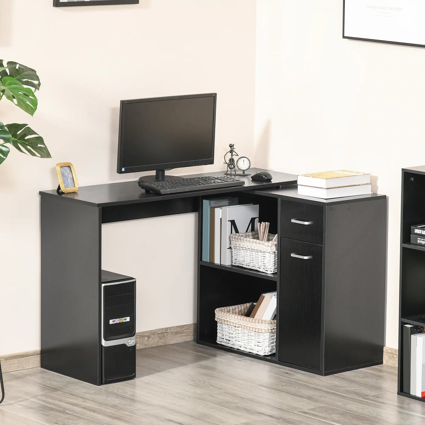 180° Rotating Corner Desk, Storage Shelf Cabinet, Black Writing Desks at Gallery Canada