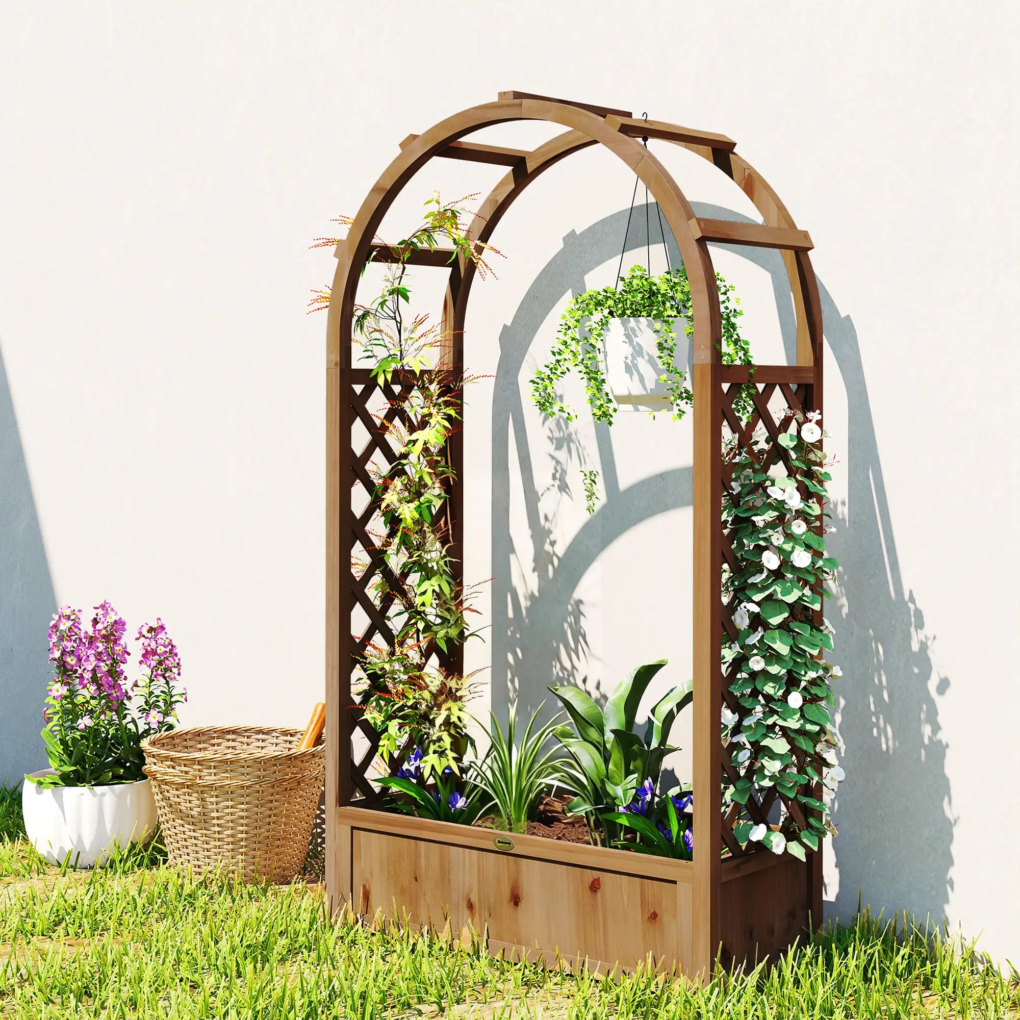 Raised Garden Bed With Arch Trellis, Planter Box, Dark Brown Wood Effect, Dark Brown Wooden Planter Boxes at Gallery Canada