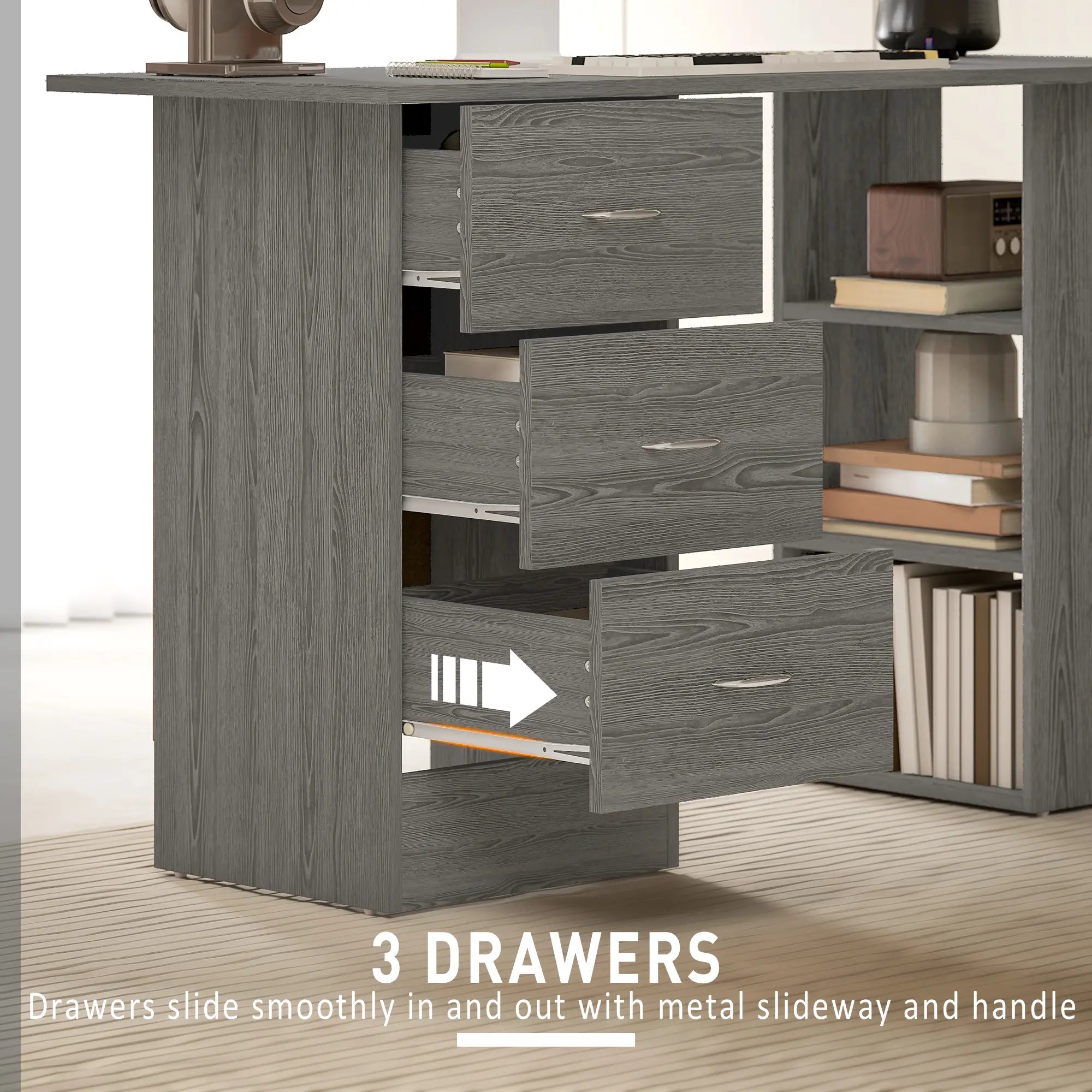 47 Inches Office Desk, 3-Tier Storage Shelves, Drawers, Grey Computer Desks at Gallery Canada