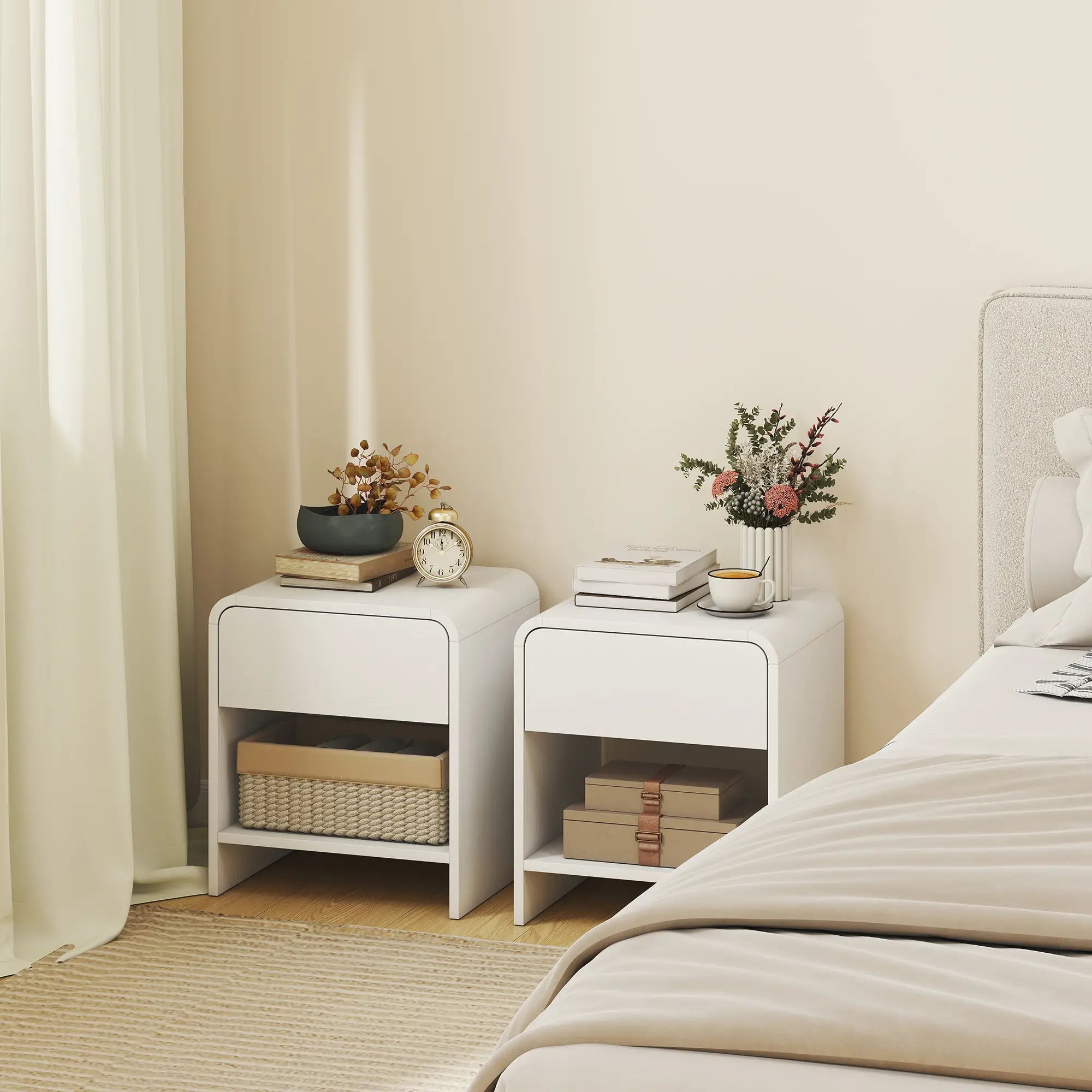 Modern Nightstand Set of 2, Distressed White, With Drawer and Shelf, White Bedside Tables at Gallery Canada