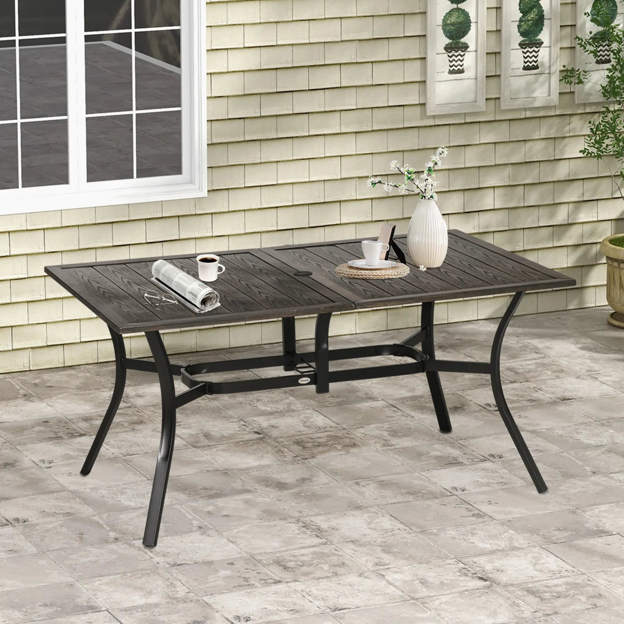 59 Inch Outdoor Dining Table, Steel Frame, Wood Grain, Brown Patio Dinning Tables at Gallery Canada