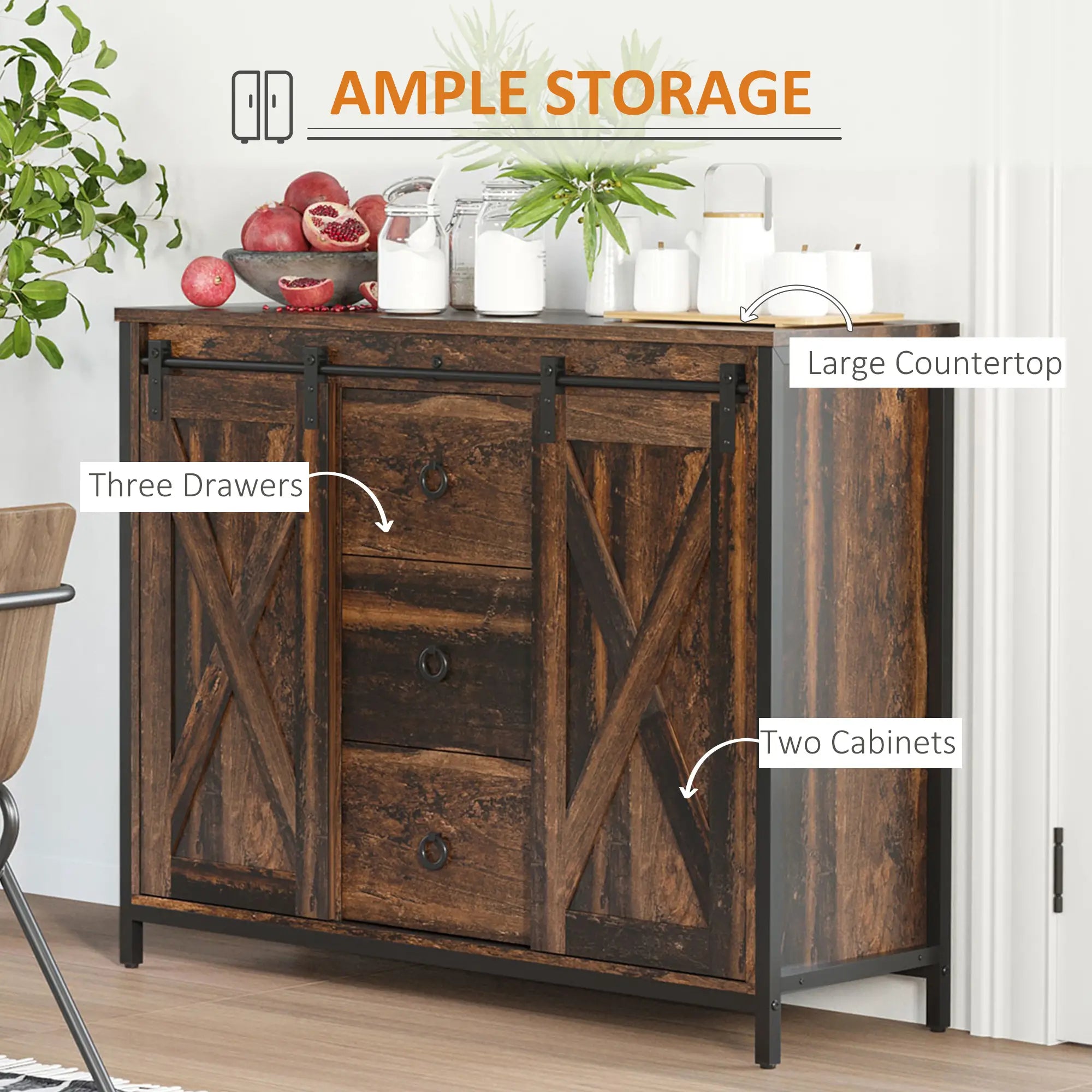 Industrial Buffet Cabinet, Kitchen Sideboard, Sliding Barn Doors, 3 Drawers, Adjustable Shelves, Rustic Brown, Brown Bar Cabinets at Gallery Canada