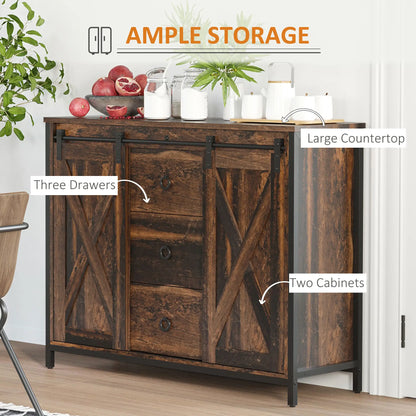 Industrial Buffet Cabinet, Kitchen Sideboard, Sliding Barn Doors, 3 Drawers, Adjustable Shelves, Rustic Brown, Brown Bar Cabinets at Gallery Canada