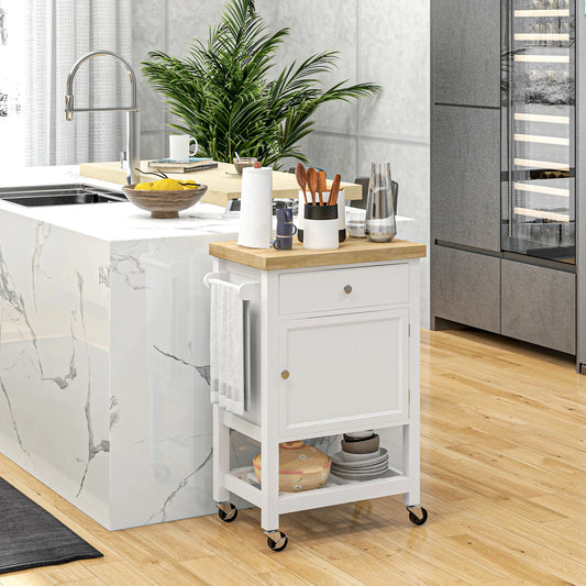 Kitchen Cart on Wheels, Wood Top, Towel Rack, Drawer, Shelf, White Kitchen Islands & Kitchen Carts White, Oak at Gallery Canada