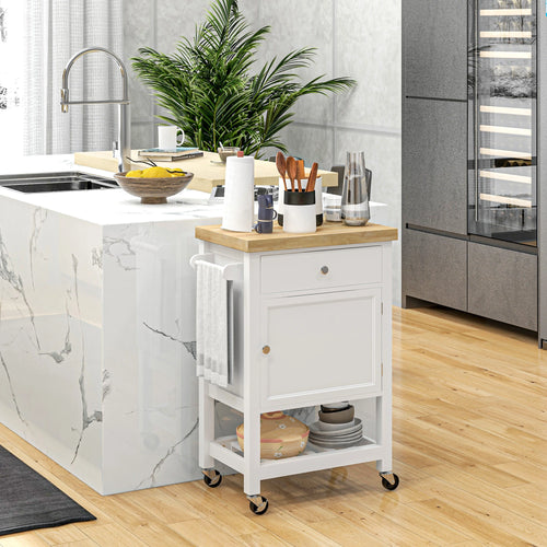 Kitchen Cart on Wheels, Wood Top, Towel Rack, Drawer, Shelf, White