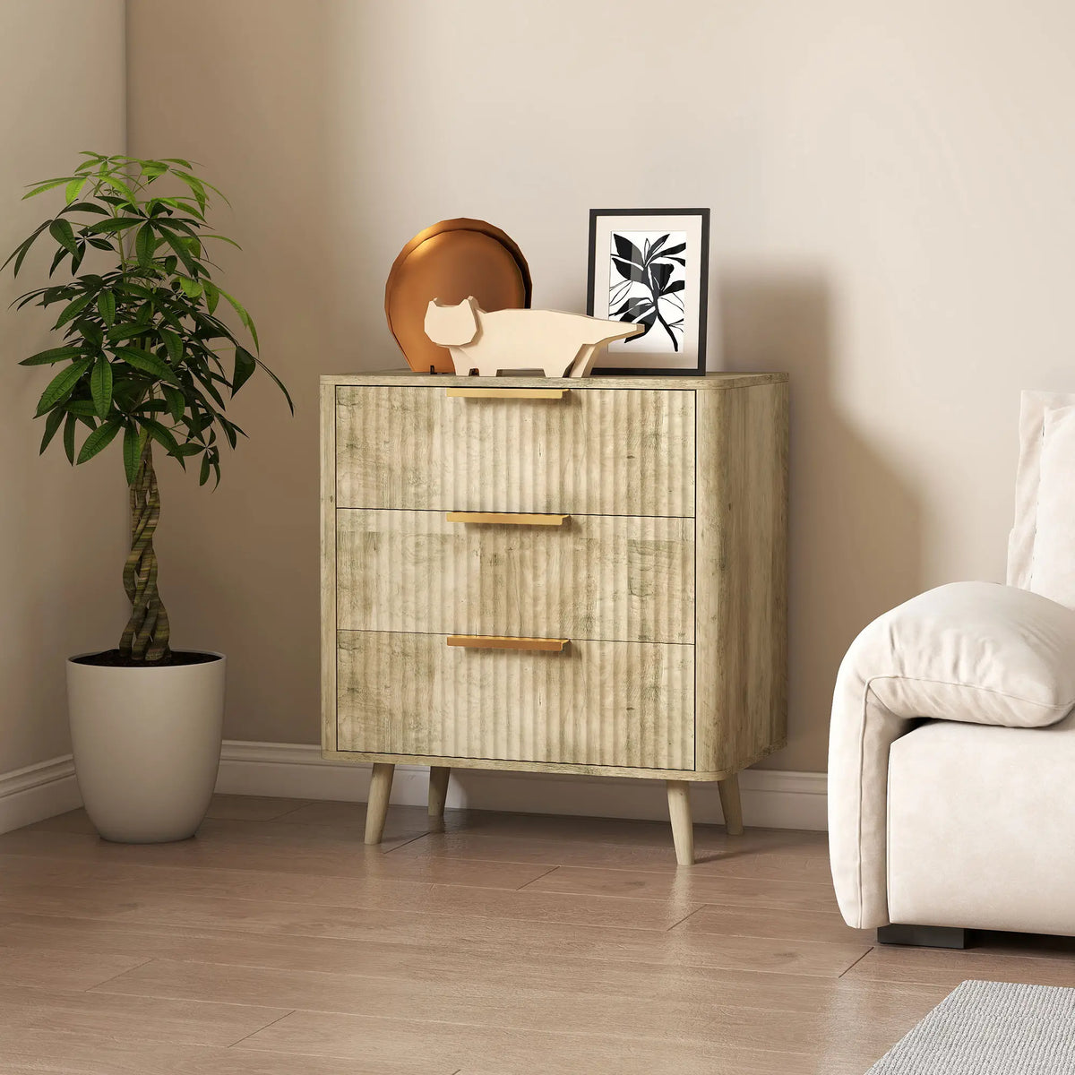 Fluted Chest of Drawers, Modern 3 Drawer Dresser with Pine Wood Legs, Oak Storage Cabinets at Gallery Canada
