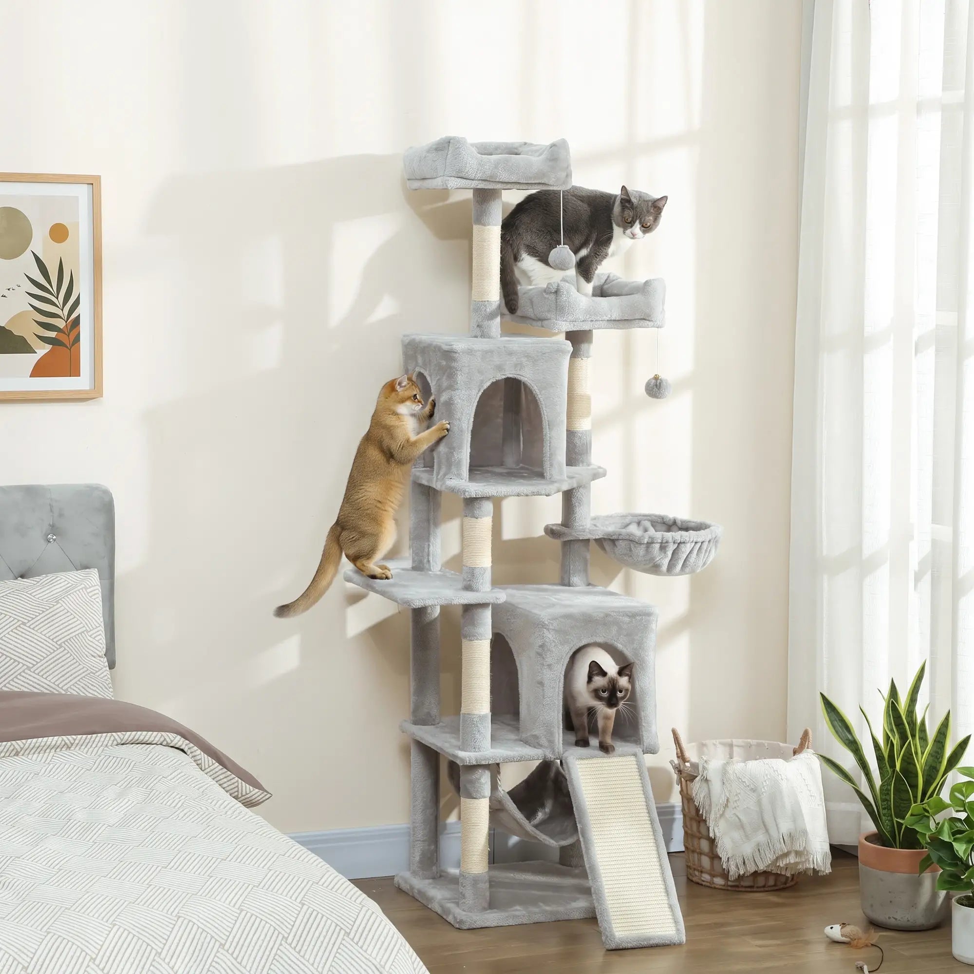Cat Tree, 70 Inch Multi-Level Tower with Condos, Beds, Hammock, Light Grey Cat Towers at Gallery Canada
