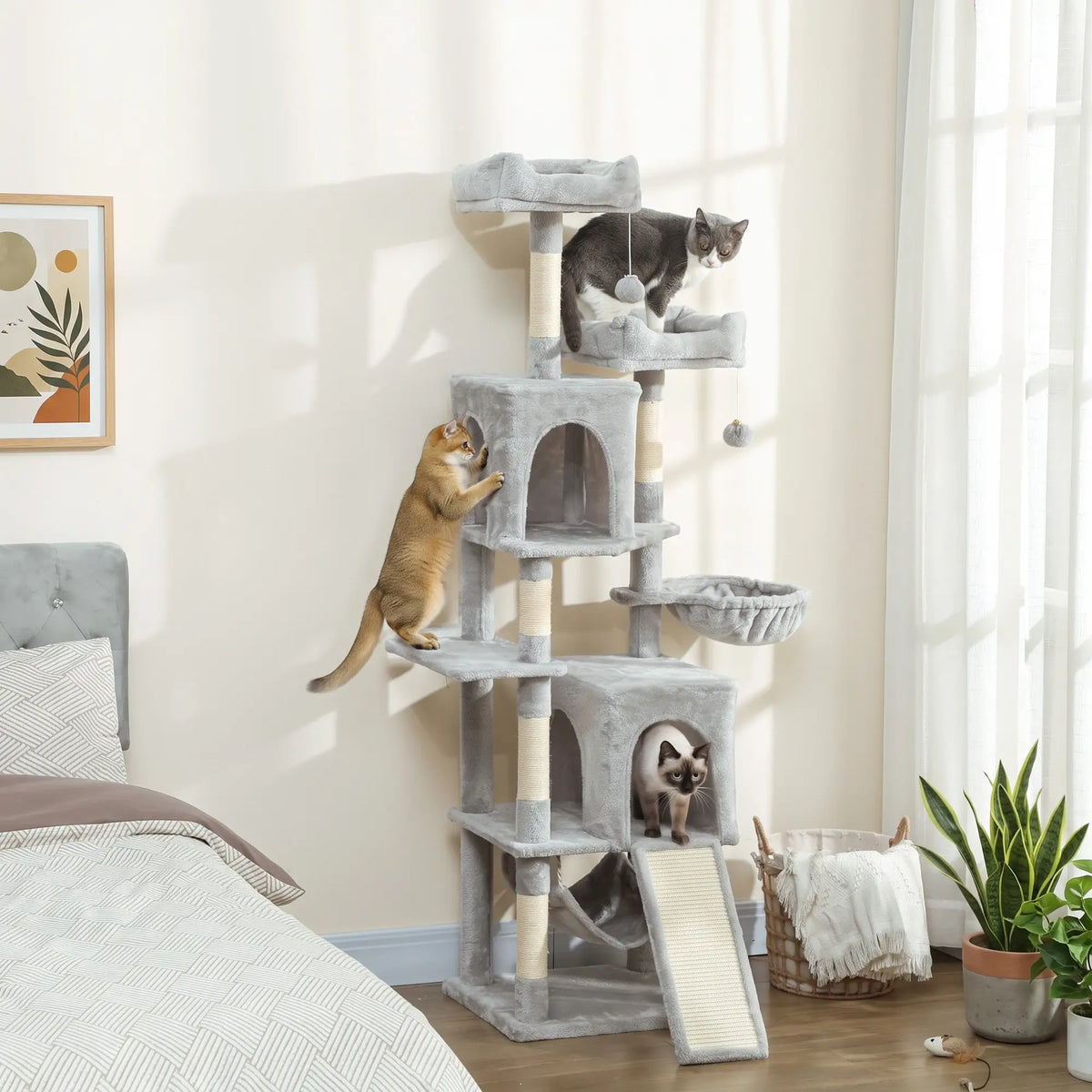 Cat Tree, 70 Inch Multi-Level Tower with Condos, Beds, Hammock, Light Grey Cat Towers at Gallery Canada