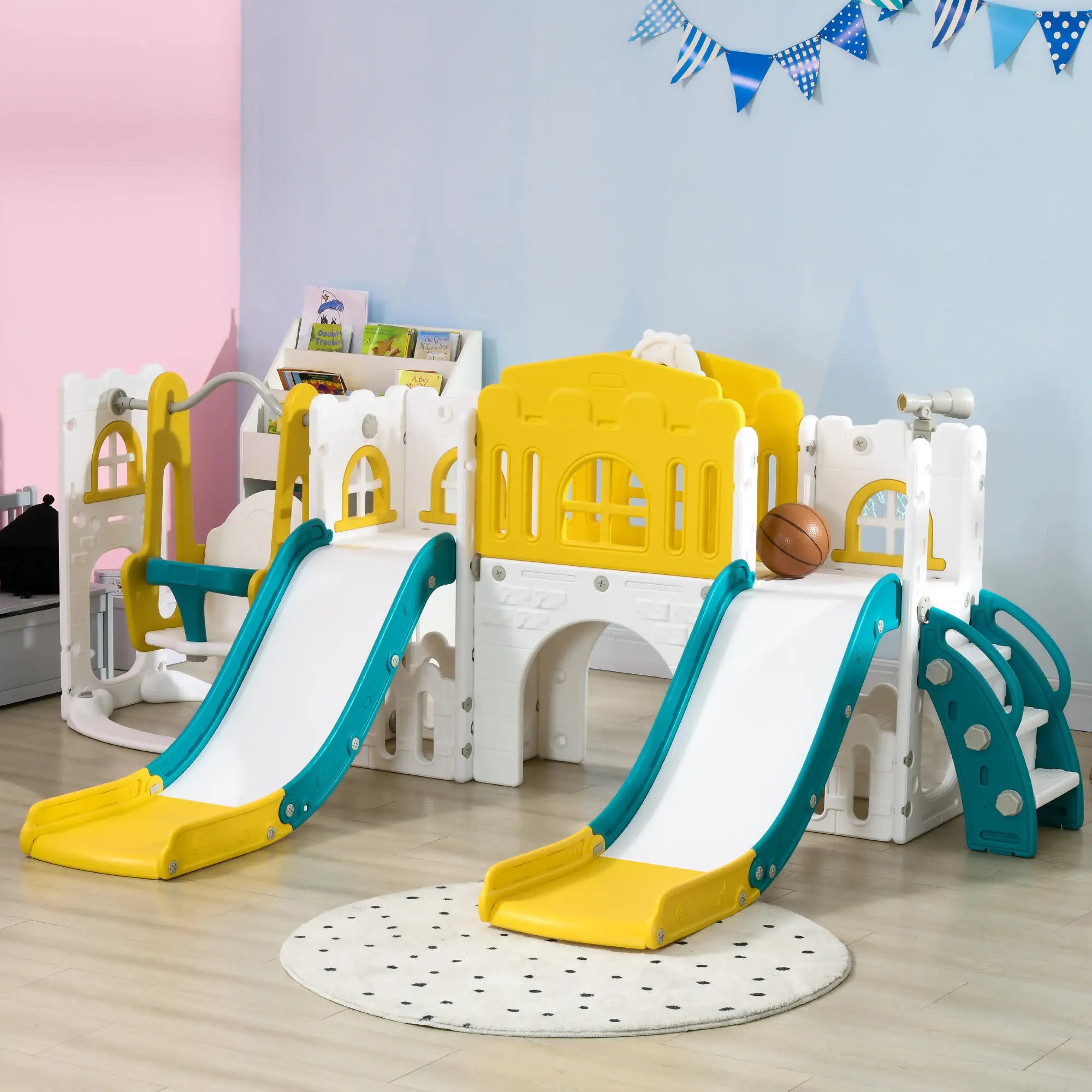 8 in 1 Slide Swing Set, Baby Swing with Basketball Hoop, Climber, Steering Wheel, Ages 1-3, Yellow Gym Sets & Swings at Gallery Canada