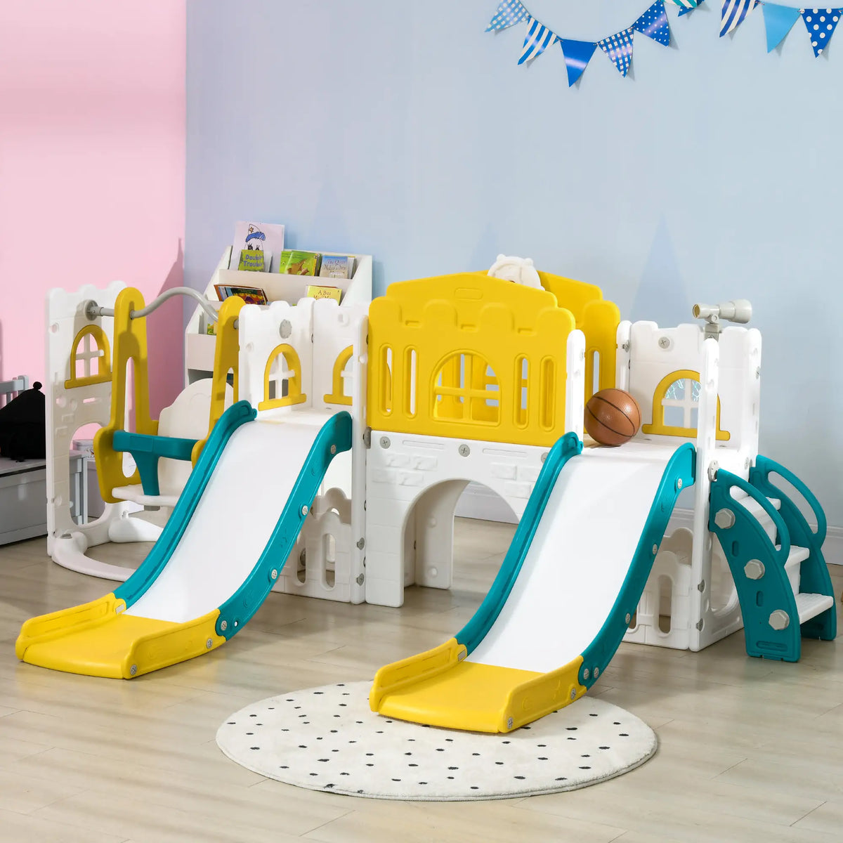 8 in 1 Slide Swing Set, Baby Swing with Basketball Hoop, Climber, Steering Wheel, Ages 1-3, Yellow Gym Sets & Swings at Gallery Canada