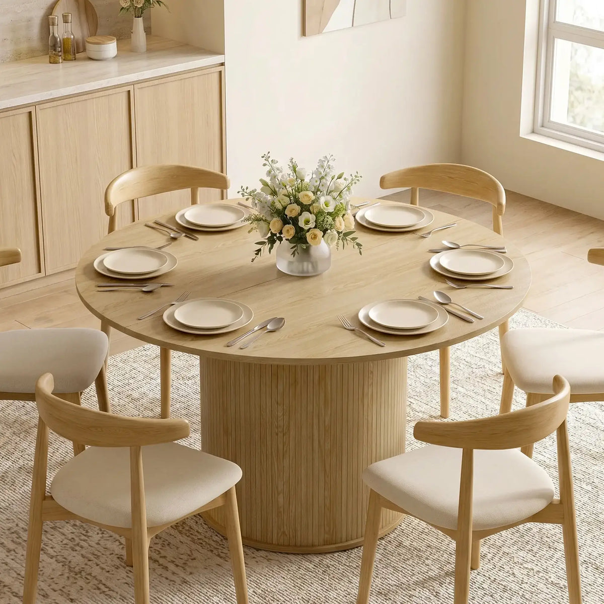 Round Dining Table For 5, 47 Inch, Fluted Pedestal Base, Natural Dining Tables at Gallery Canada