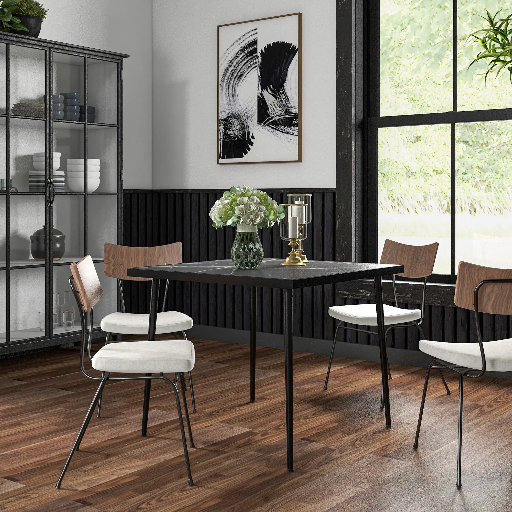 Square Patio Dining Table for 4, Marble Effect Glass Top, Steel Frame, Black Patio Dinning Tables at Gallery Canada