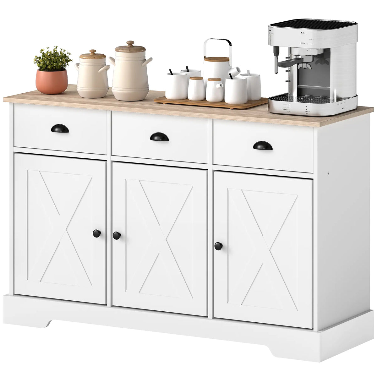 46.5" Buffet Cabinet, Farmhouse Sideboard, 3 Barn Doors, 3 Drawers, White Bar Cabinets White, Natural at Gallery Canada