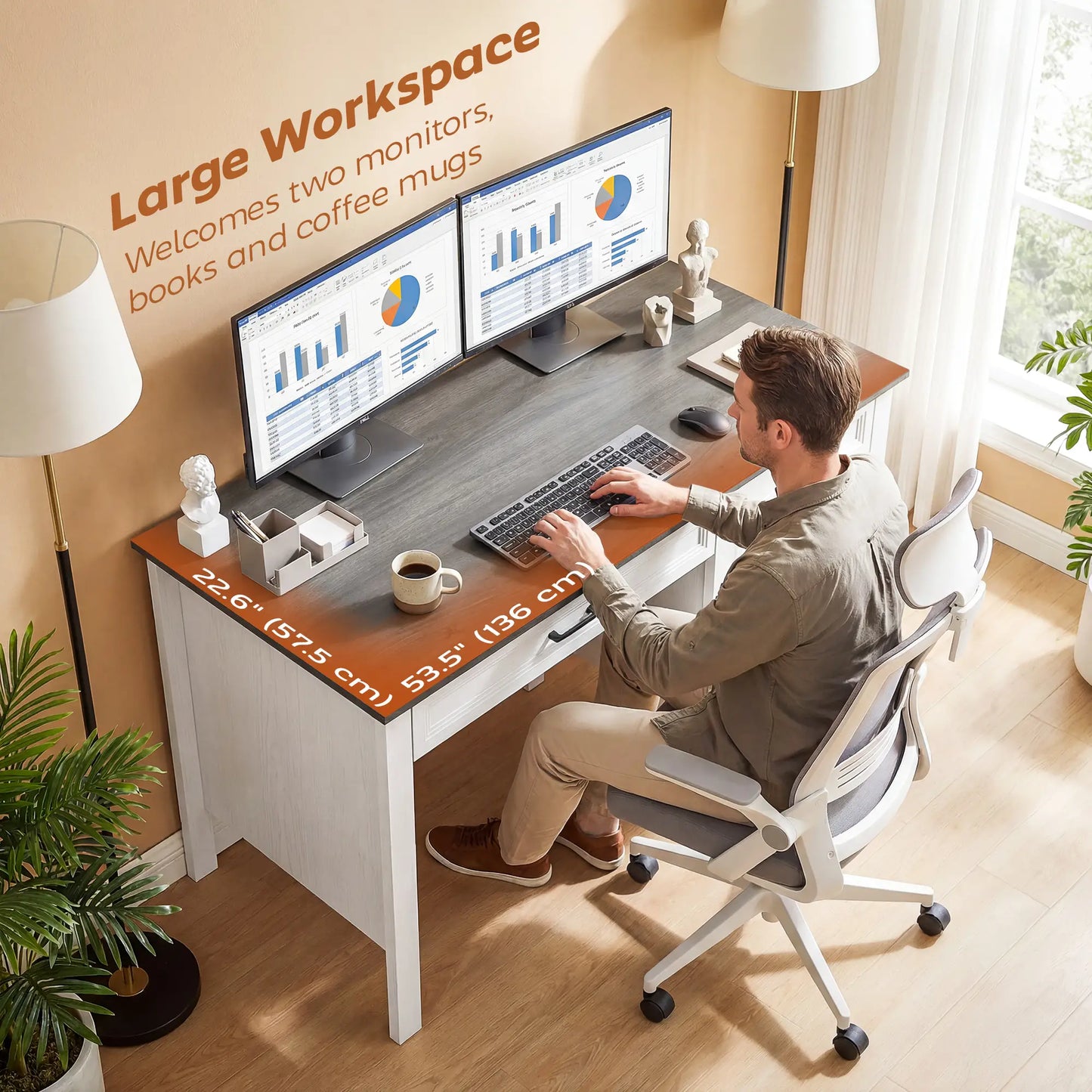 54" Farmhouse Executive Desk, Computer Desk With Drawers, White Computer Desks at Gallery Canada