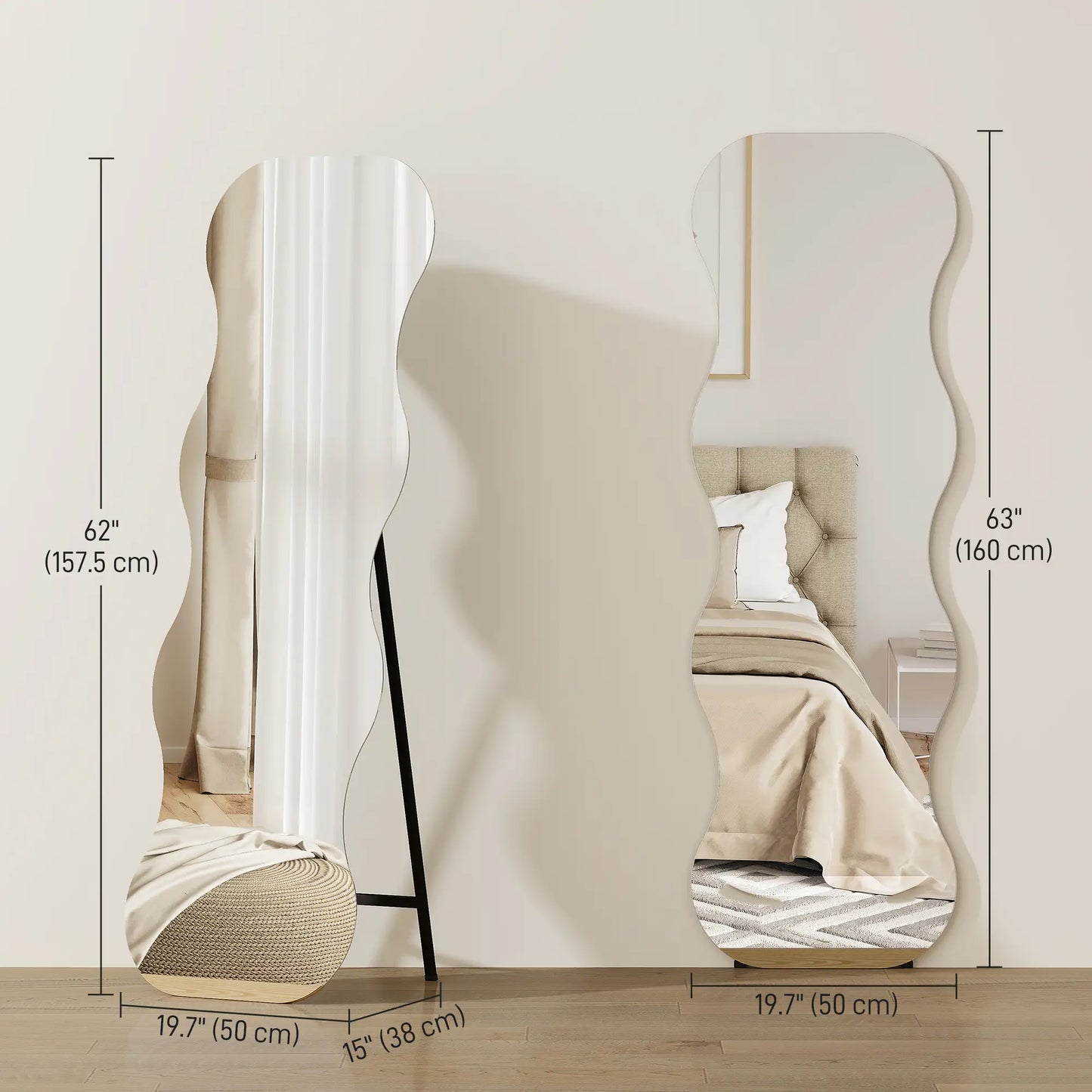 64" x 21" Full Length Mirror, Irregular Wavy Frameless with Pine Wood Base, Black Full Length Mirrors at Gallery Canada