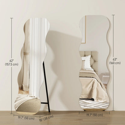64" x 21" Full Length Mirror, Irregular Wavy Frameless with Pine Wood Base, Black Full Length Mirrors at Gallery Canada