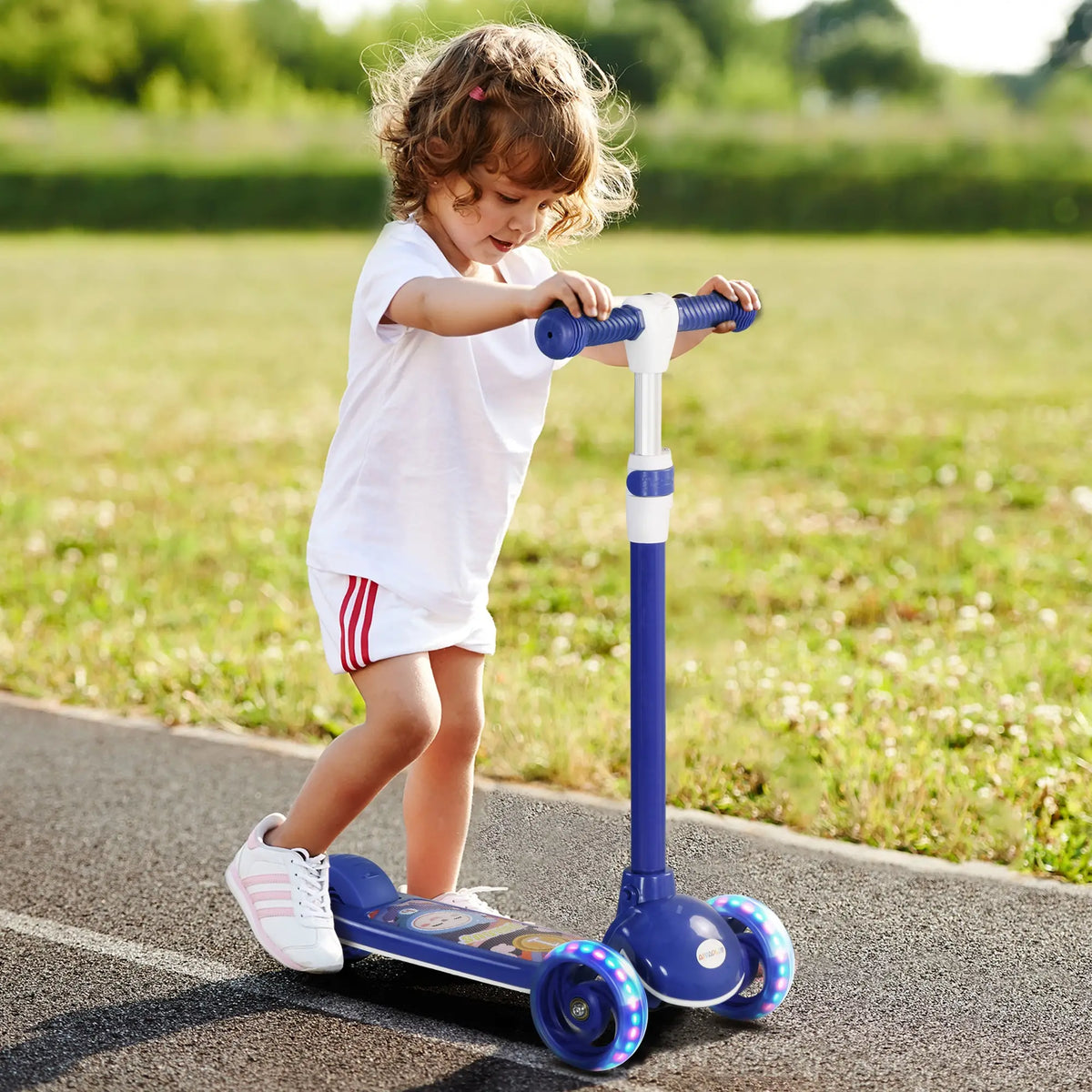 3 Wheel Kids Scooter, Adjustable Height, Rear-Fender Brake, LED Light, TPE Handlebar, Blue Scooters at Gallery Canada