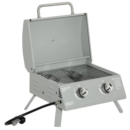 Portable Tabletop Propane Gas Grill, 2 Burner, Foldable Legs, Silver