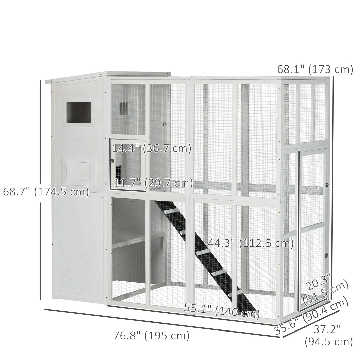 68.7" H Large Wooden Outdoor Cat House with Run, Catio, Condo, White Outdoor Cat Enclosures at Gallery Canada