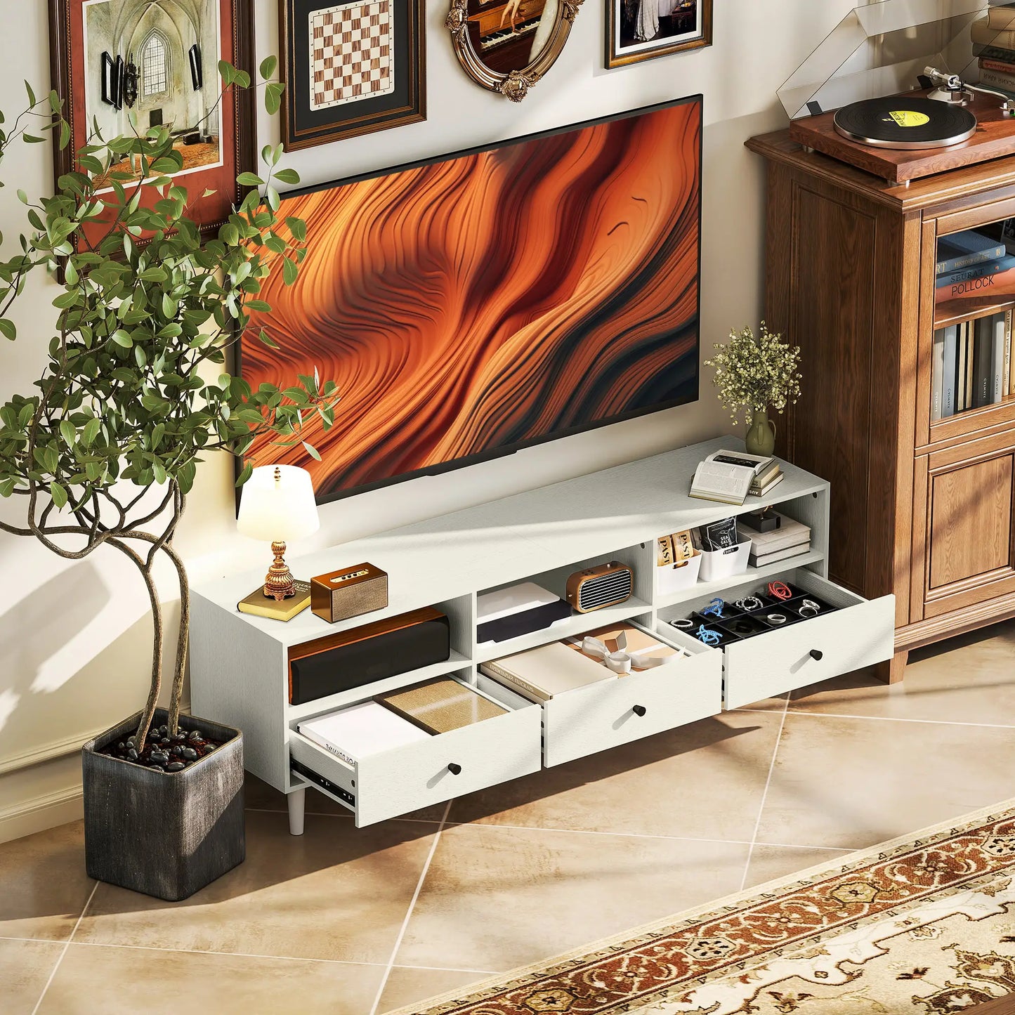 TV Stand for 75 Inches, 3 Storage Shelves, 3 Drawers, White TV Stands at Gallery Canada