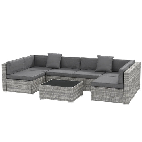 7pc Garden Wicker Sectional Set, Tea Table, Patio Rattan Sofa, Grey