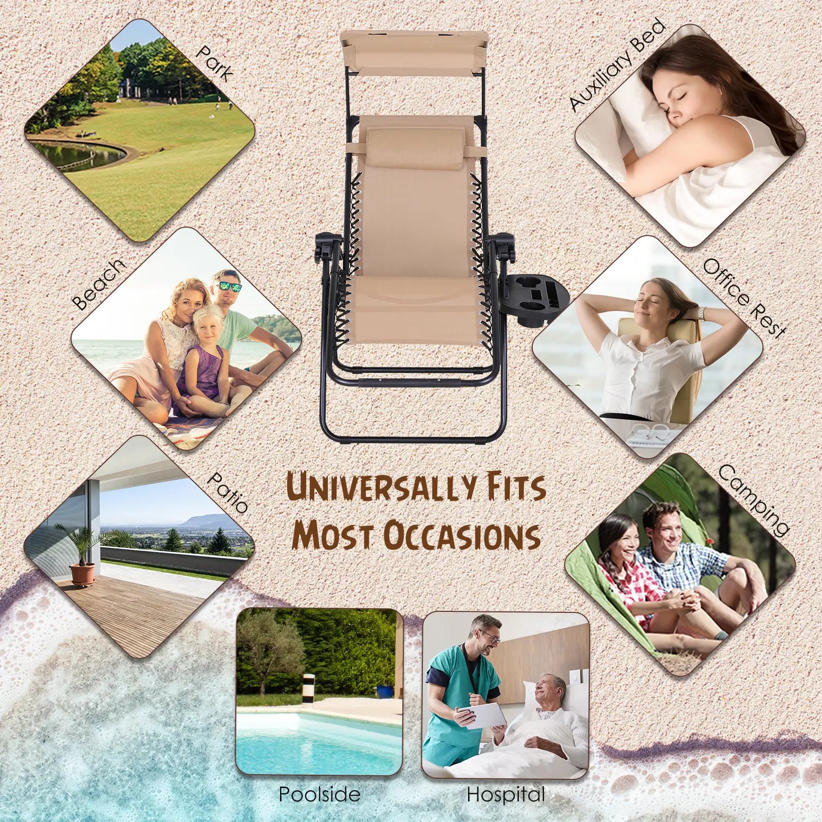 2 Piece Foldable Lounge Chair with Canopy, Outdoor Zero Gravity Chair, Beige Lounger Chairs at Gallery Canada