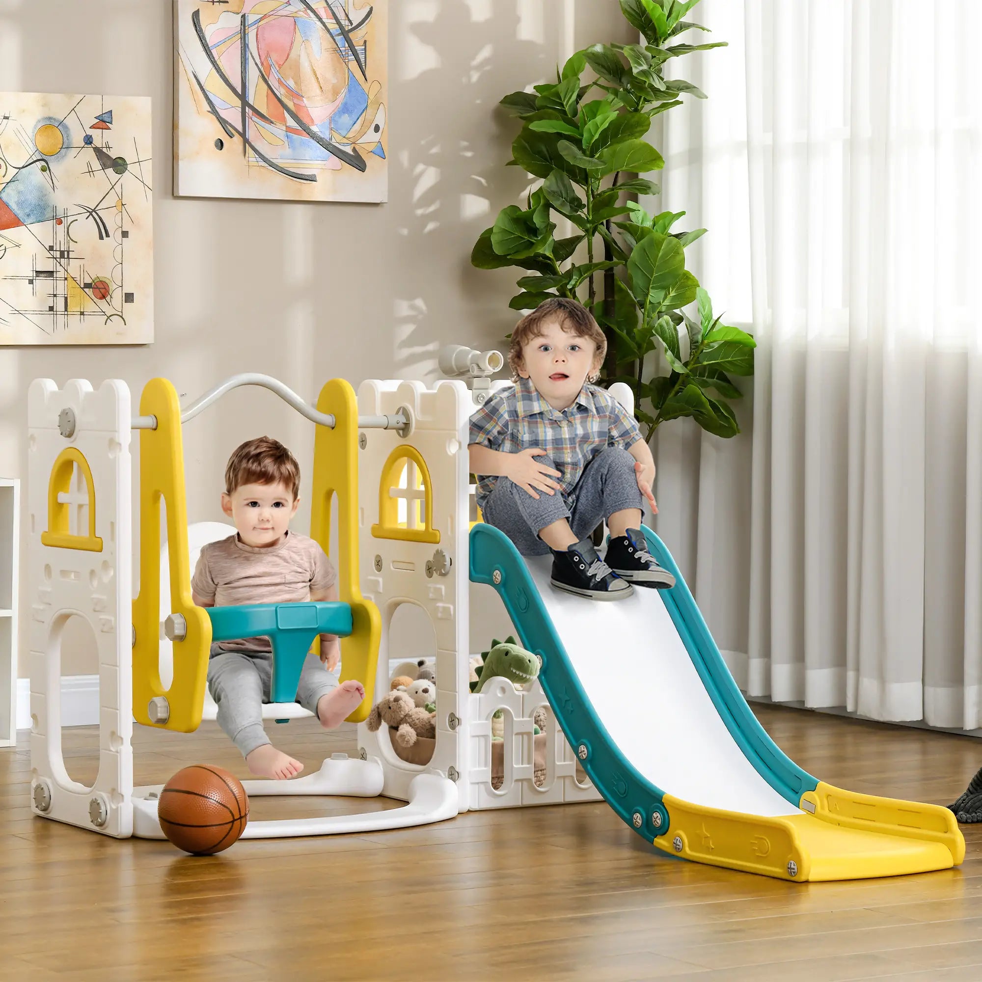 6-in-1 Baby Swing Playset, Indoor with Basketball Hoop, Climber, Yellow Gym Sets & Swings at Gallery Canada