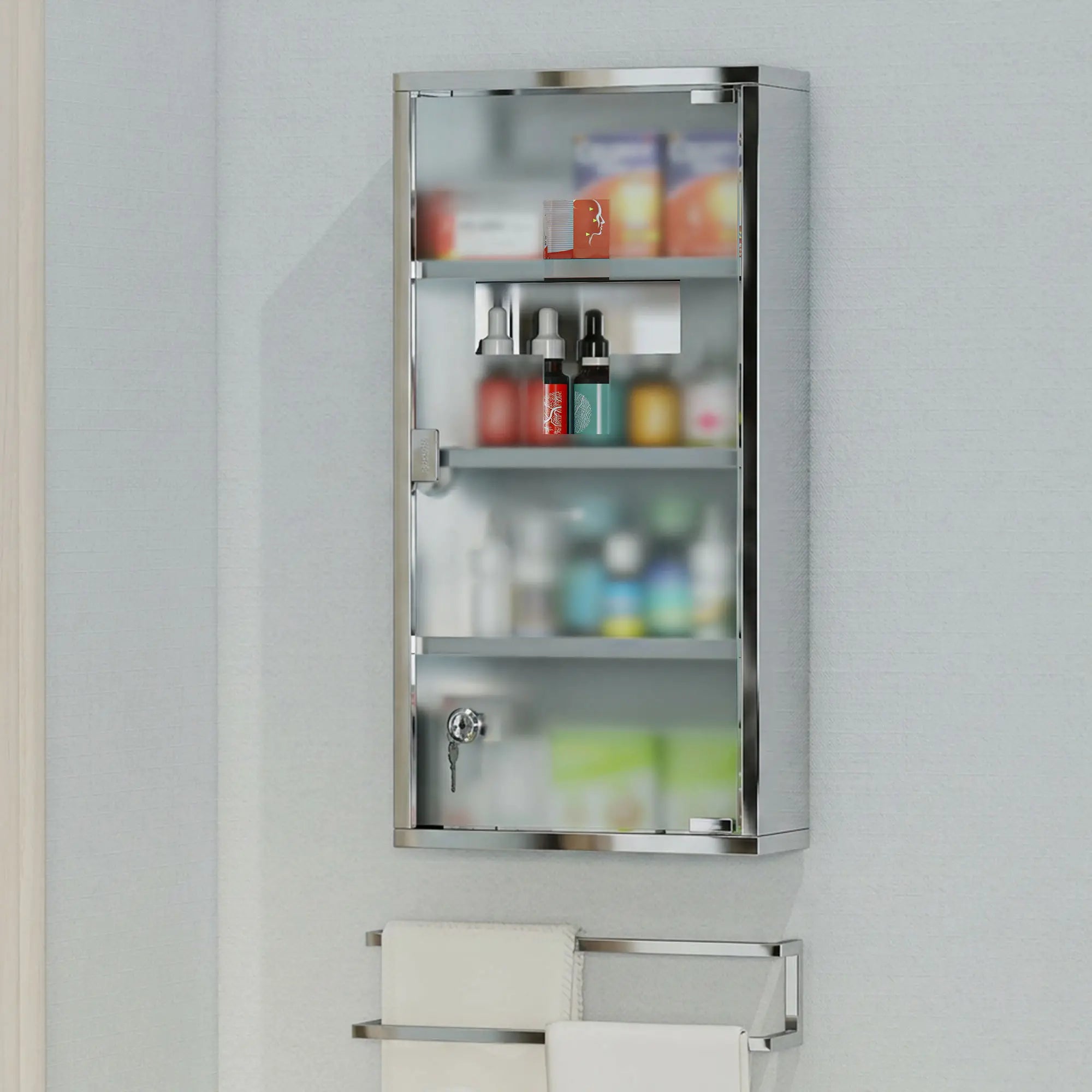 Wall Mount Medicine Cabinet, 4 Tier Shelves, Stainless Steel Frame, Glass Door, Lockable, 12