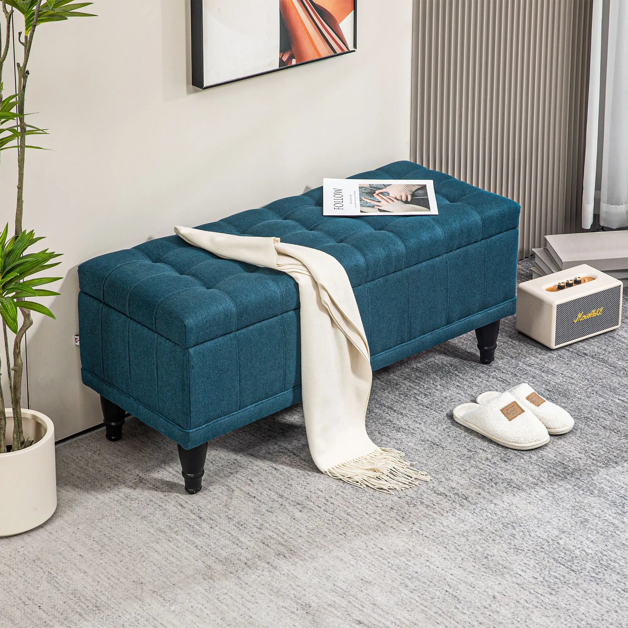 Linen Storage Ottoman, Button Tufted Bench for Bedroom, Blue Storage Ottomans & Benches at Gallery Canada