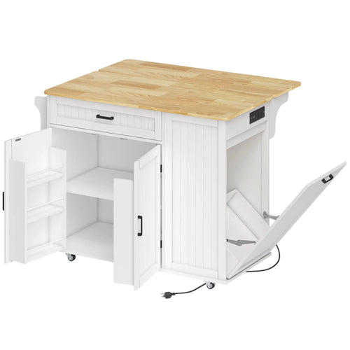 Portable Kitchen Island Cart, Rubber Wood Drop Leaf, Trash Storage, White