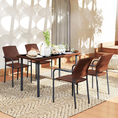 5 Piece Outdoor Dining Set, PE Wicker Rattan Patio Furniture, Stackable Chairs, Glass Table Top