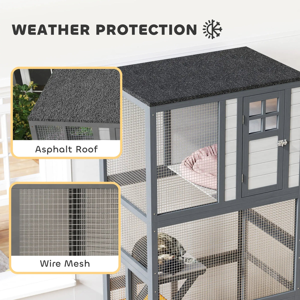 74" Wooden Outdoor Cat House, Weatherproof, Wheeled, Light Grey Outdoor Cat Enclosures at Gallery Canada