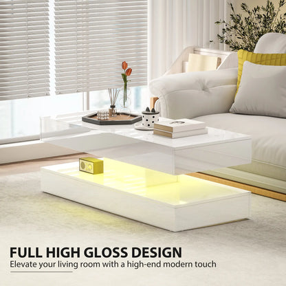 Adjustable LED Coffee Table, 2 Drawers, Open Shelf, Remote, High Gloss White, White Coffee Tables at Gallery Canada