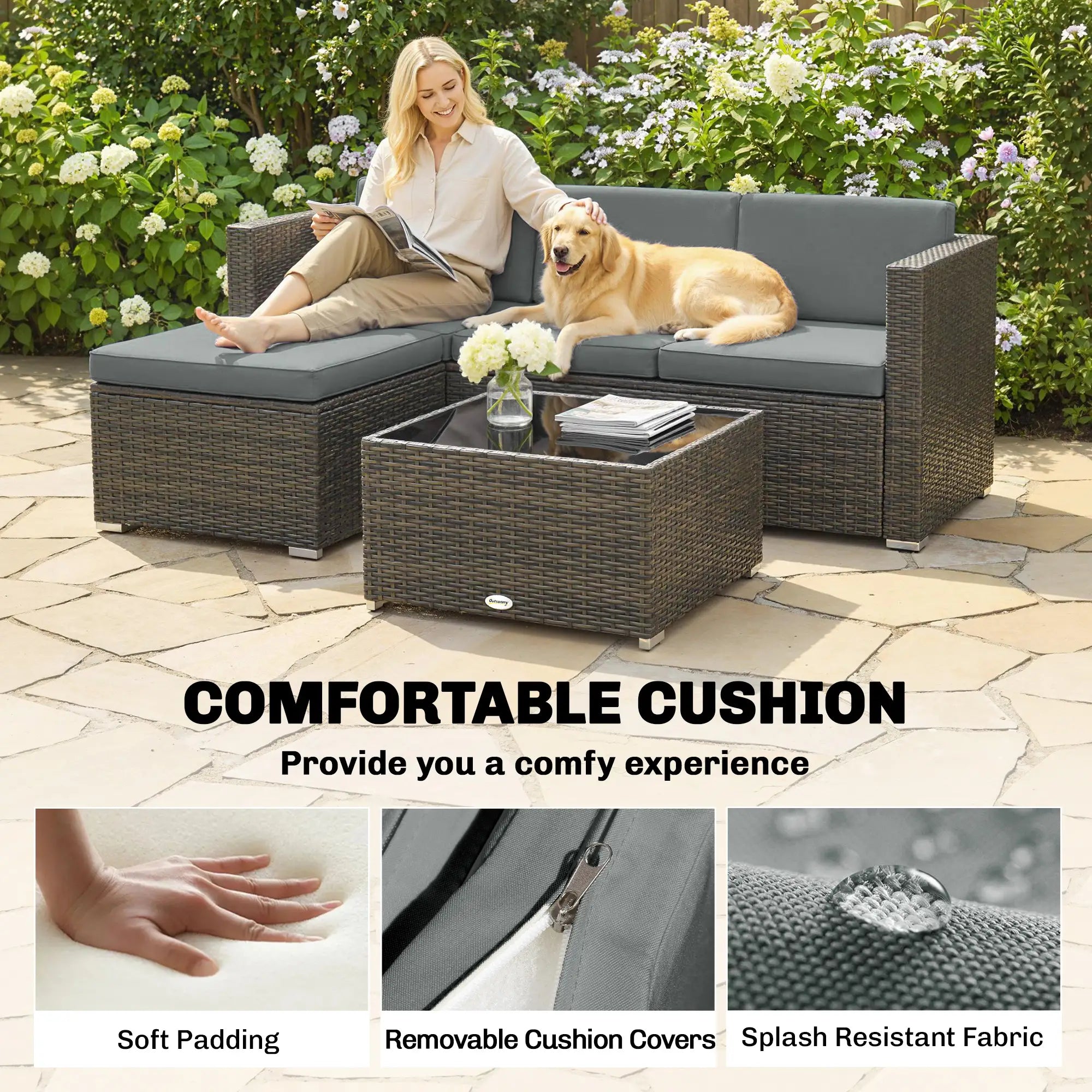3 Piece Patio Furniture Set With Cushions, Outdoor PE Rattan Wicker, Dark Grey Patio Furniture Sets at Gallery Canada