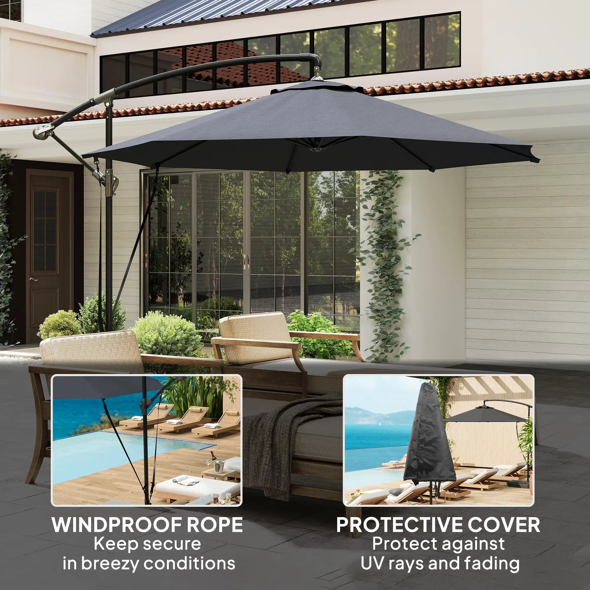 9.5' Cantilever Umbrella, Wind Protection, Crank, Cross Base, UPF 50+, Grey Offset Cantilever Umbrellas at Gallery Canada