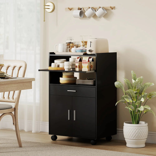 Microwave Cart with Wheels, Open Shelves and Drawer, Black