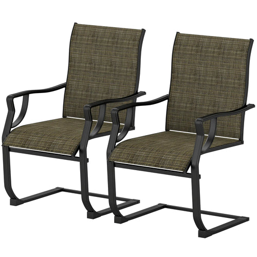 Spring Motion Patio Chairs Set Of 2, Curved High Backrest, Armrest, All Weather Fabric, Metal Frame