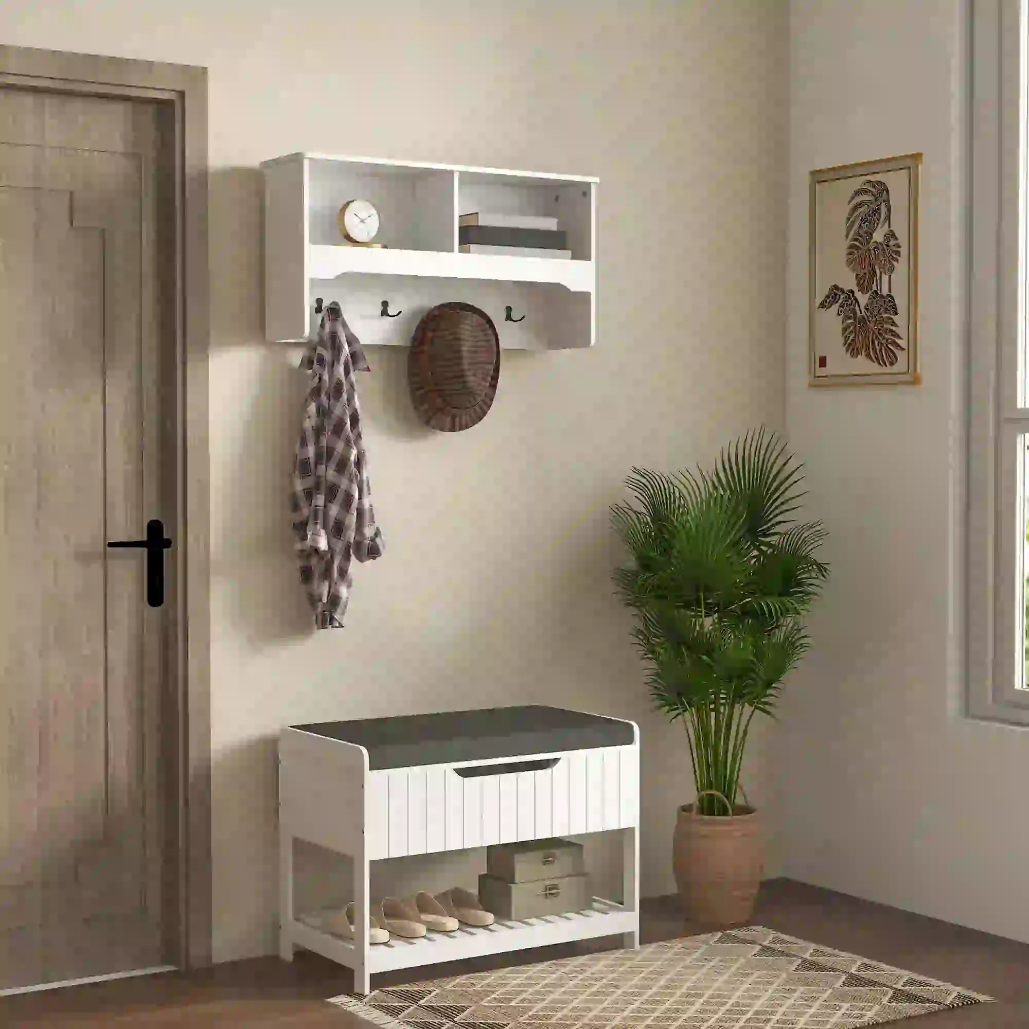 Wall Mounted Coat Rack, Shoe Storage Bench, Hall Tree, White Clothing Storage at Gallery Canada