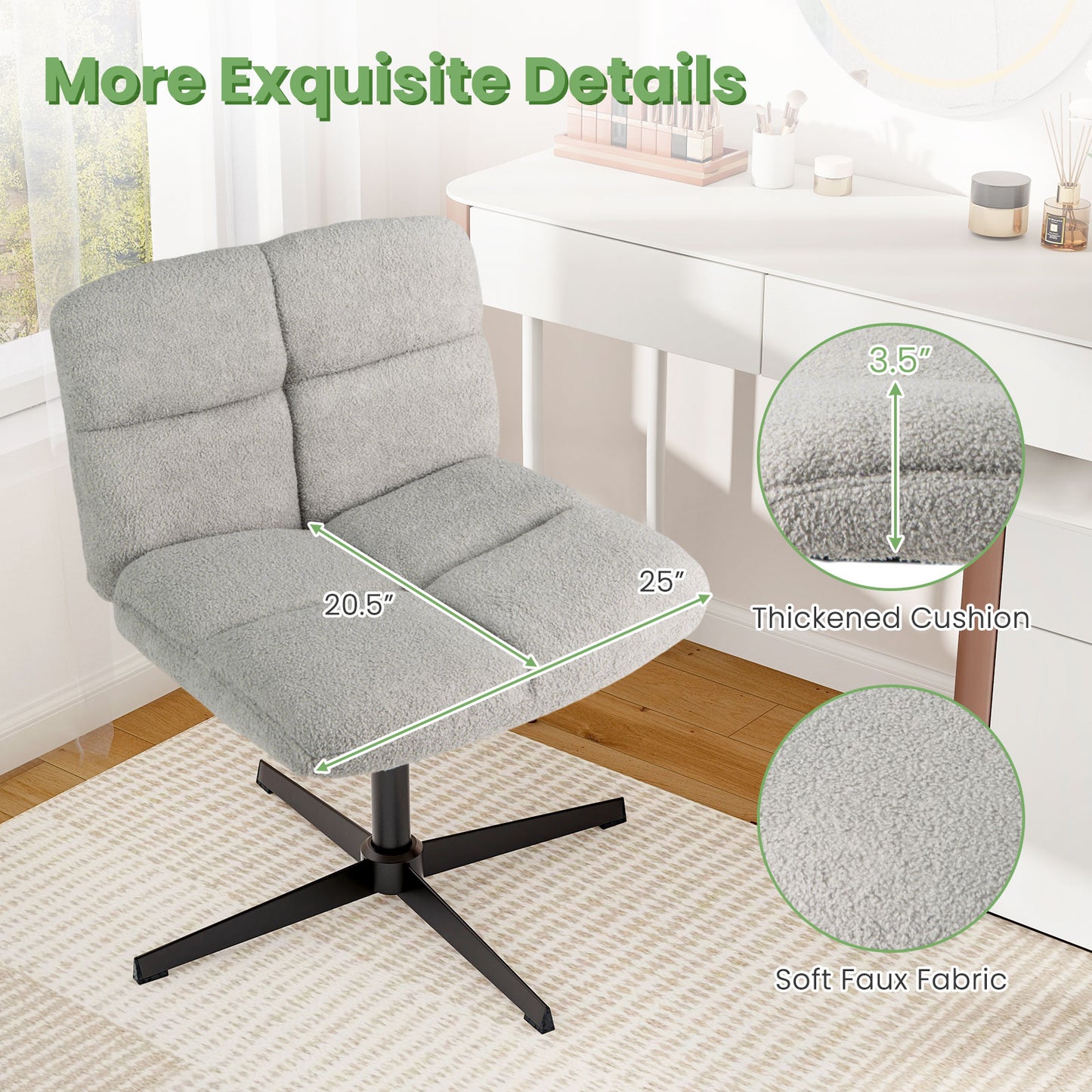 Office Armless Chair Cross Legged with Imitation Lamb Fleece and Adjustable Height, Gray Armless Chairs at Gallery Canada