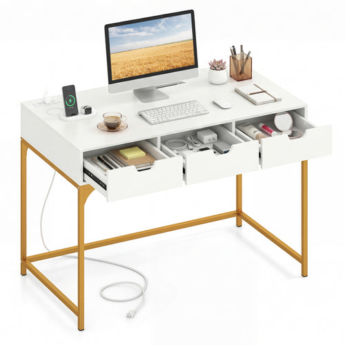 Office Desk With Power Outlets, Hidden Compartment, White