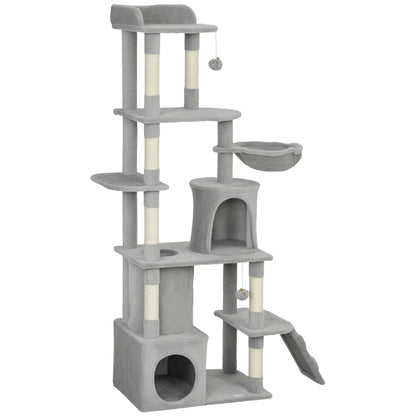 67" Large Cat Tree with 7 Scratching Posts, Tunnel, 2 Condos, Hammock, Perch, Ramp, Pompoms, Light Grey Multi-Level Cat Towers Light Grey, Cream White at Gallery Canada