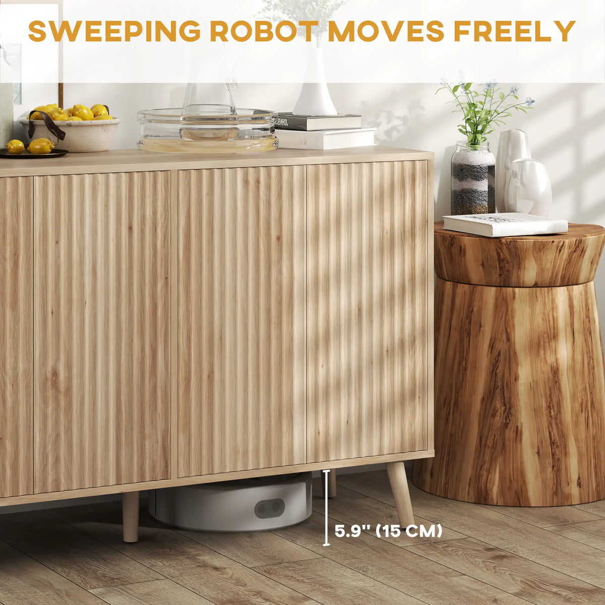 Modern Fluted Buffet Cabinet, Adjustable Shelves, Wood Legs, Oak Storage Cabinets at Gallery Canada