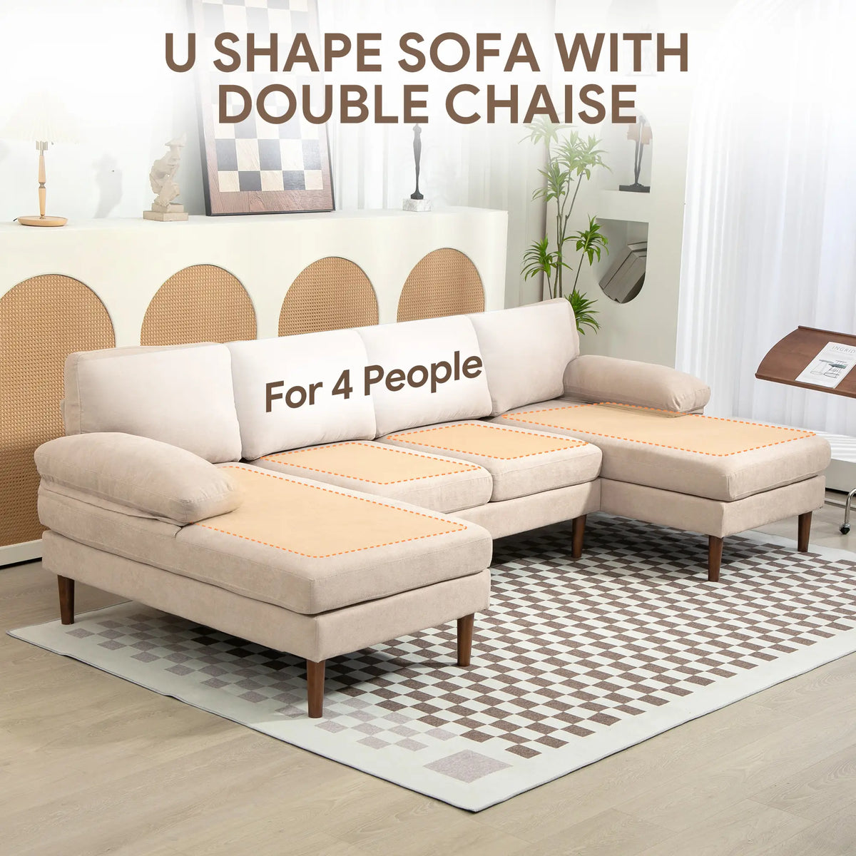 U Shape Couch, Double Chaise Lounge, 4 Seater Sofa, Wooden Legs, Beige Sofas & Reclining Chairs at Gallery Canada