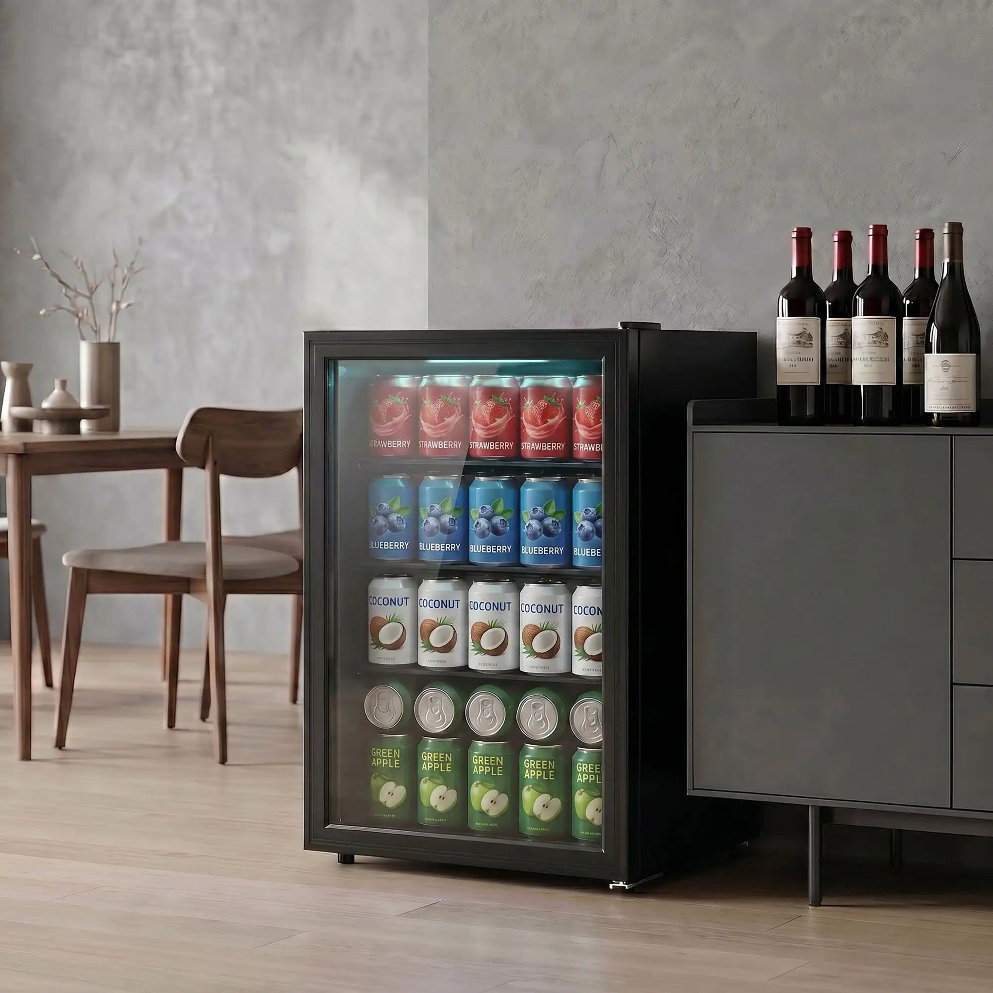 2.1 Cu.Ft Beverage Fridge, 85 Can, Glass Door, Auto-Defrost, LED, Black Small Kitchen Appliances at Gallery Canada