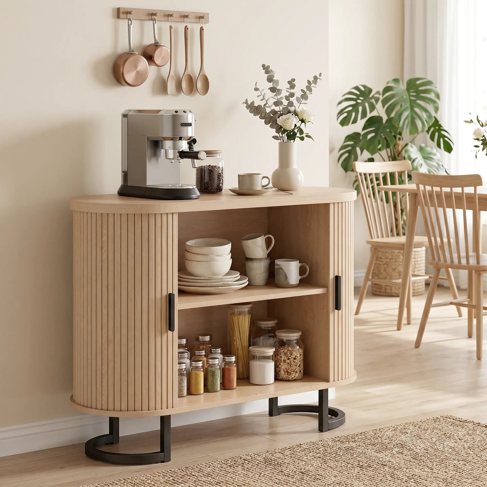 Sideboard Buffet Cabinet, Curved Tambour Doors, Natural Wood Storage Cabinets at Gallery Canada