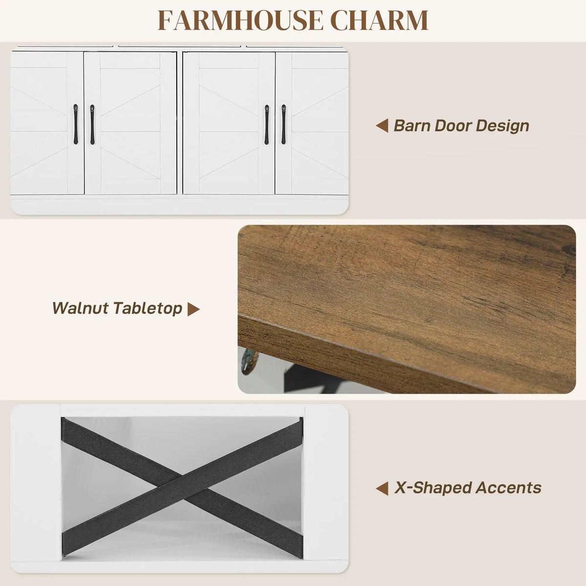 Sideboard, Buffet Cabinet with 4 Barn Doors, 3 Drawers, White Storage Cabinets at Gallery Canada