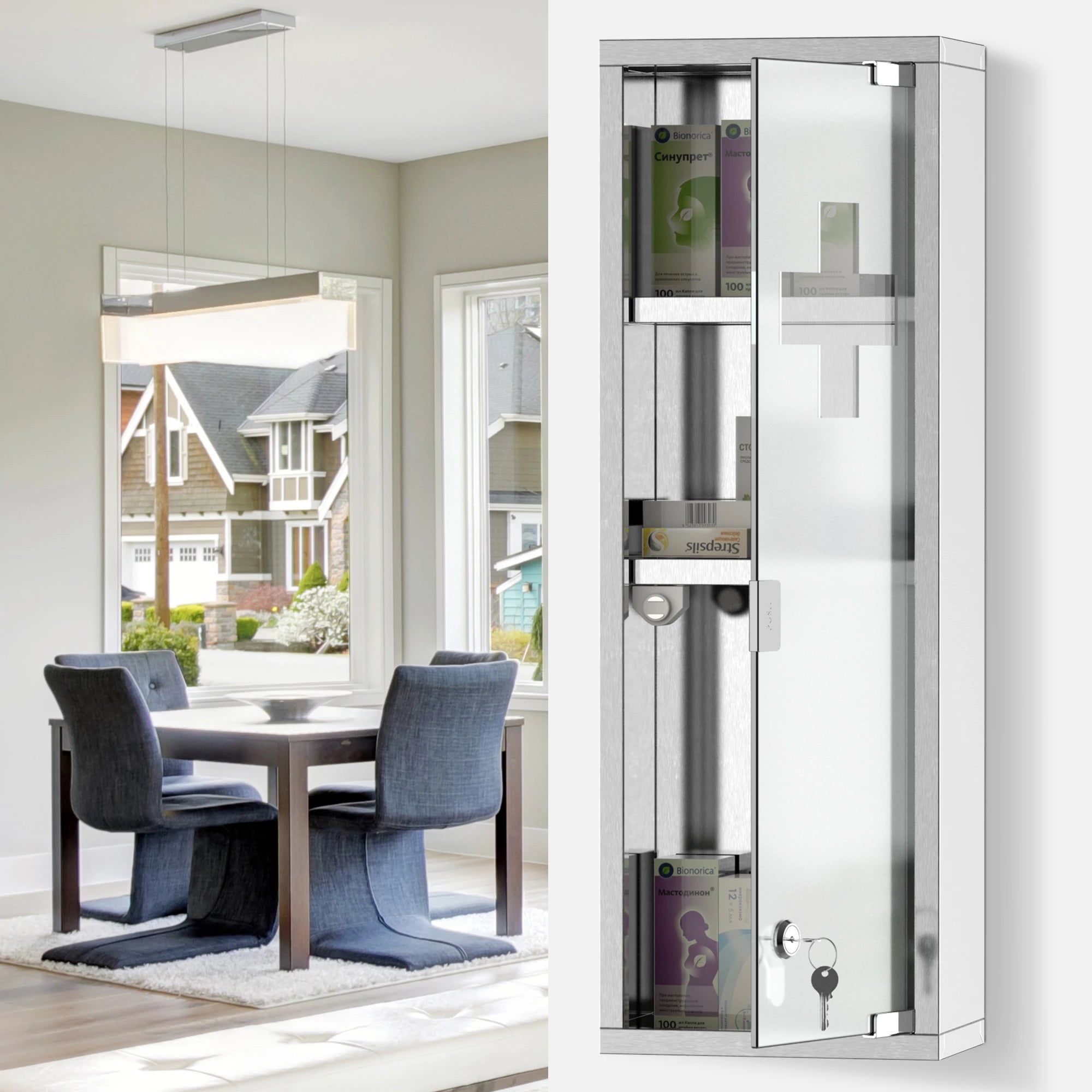 Wall Mount Medicine Cabinet, 3 Tier Shelves, Stainless Steel Frame, Glass Door, Lockable, 8